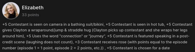 bracketologytv's tweet photo. Confirming Elizabeth did receive +5 for "contestant seen in hot tub" during last week's episode. Case closed.
https://t.co/tEXdnxd6VU
#TheBachelor #BachBracket https://t.co/o13wAqgWCK