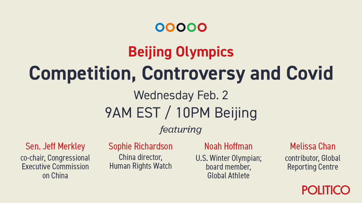 PhelimKine's tweet photo. JOIN US at a @politico Twitter Spaces event 9AM ET Feb. 2 that I'll host w/ panelists @SenJeffMerkley @SophieHRW @hoffnoahmanand @melissakchan. We’ll take your questions &amp; dig deep into the key issues roiling the @Beijing2022 Olympics. https://t.co/h3ayD9FW0C https://t.co/zJdRc9kR4j