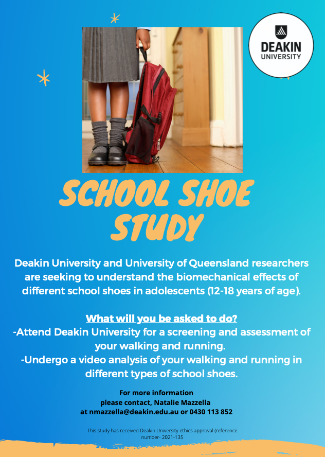 nataliemazzella's tweet photo. ๐โโ๏ธ๐SCHOOL SHOE STUDY ๐๐โโ๏ธ
Looking for adolescents (aged 12-18) to participate in a study of three different types of #schoolshoes at @Deakin in Geelong.
Please share to those who may be eligible or interested
@APodA_National #AFARNet https://t.co/gA7kqjV1ri