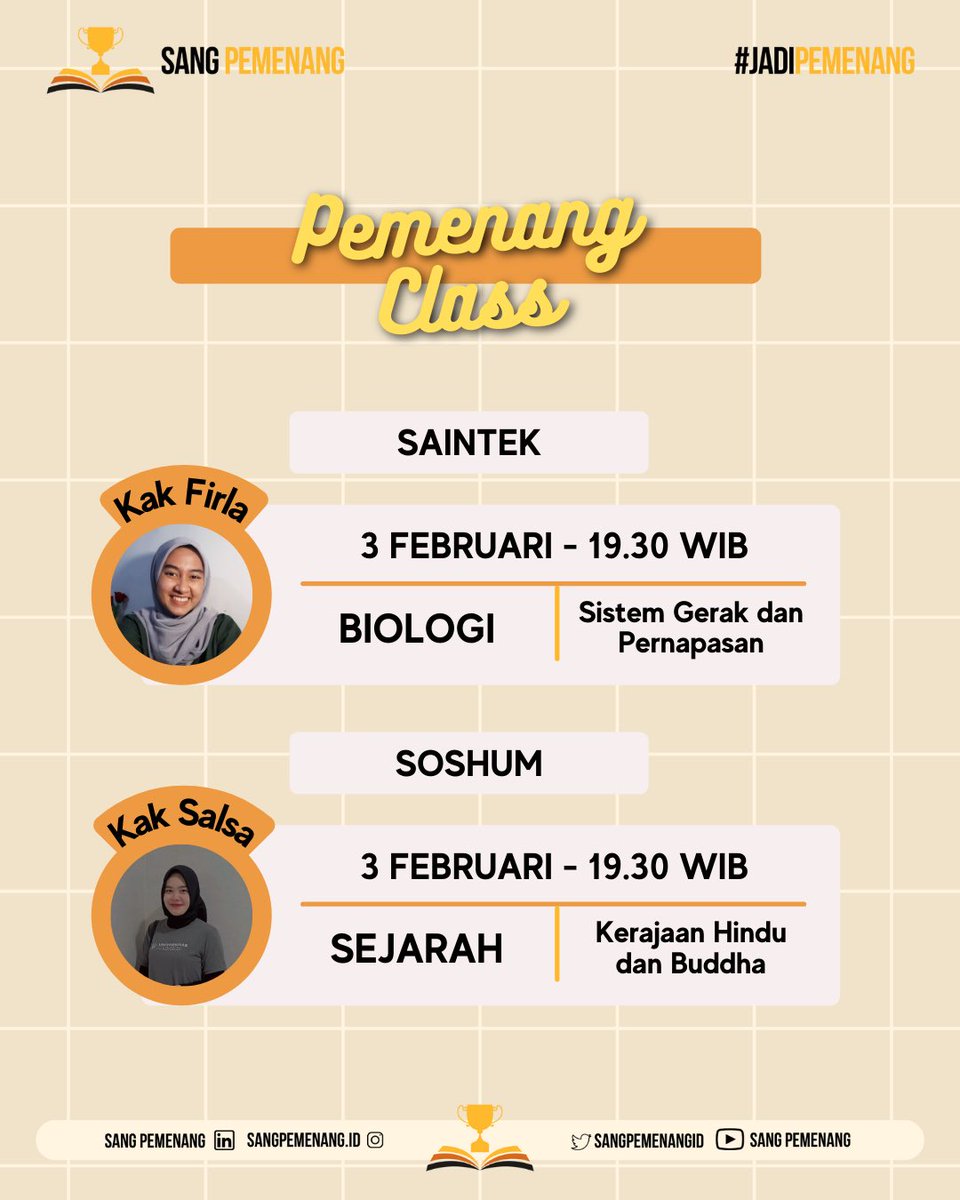sangpemenangid's tweet image. 📚JADWAL PEMENANG CLASS 1-4 FEBRUARI👩‍🏫

UTBK udah makin deket nih! Jadi, tunggu apa lagi? Yuk belajar bareng kita😆