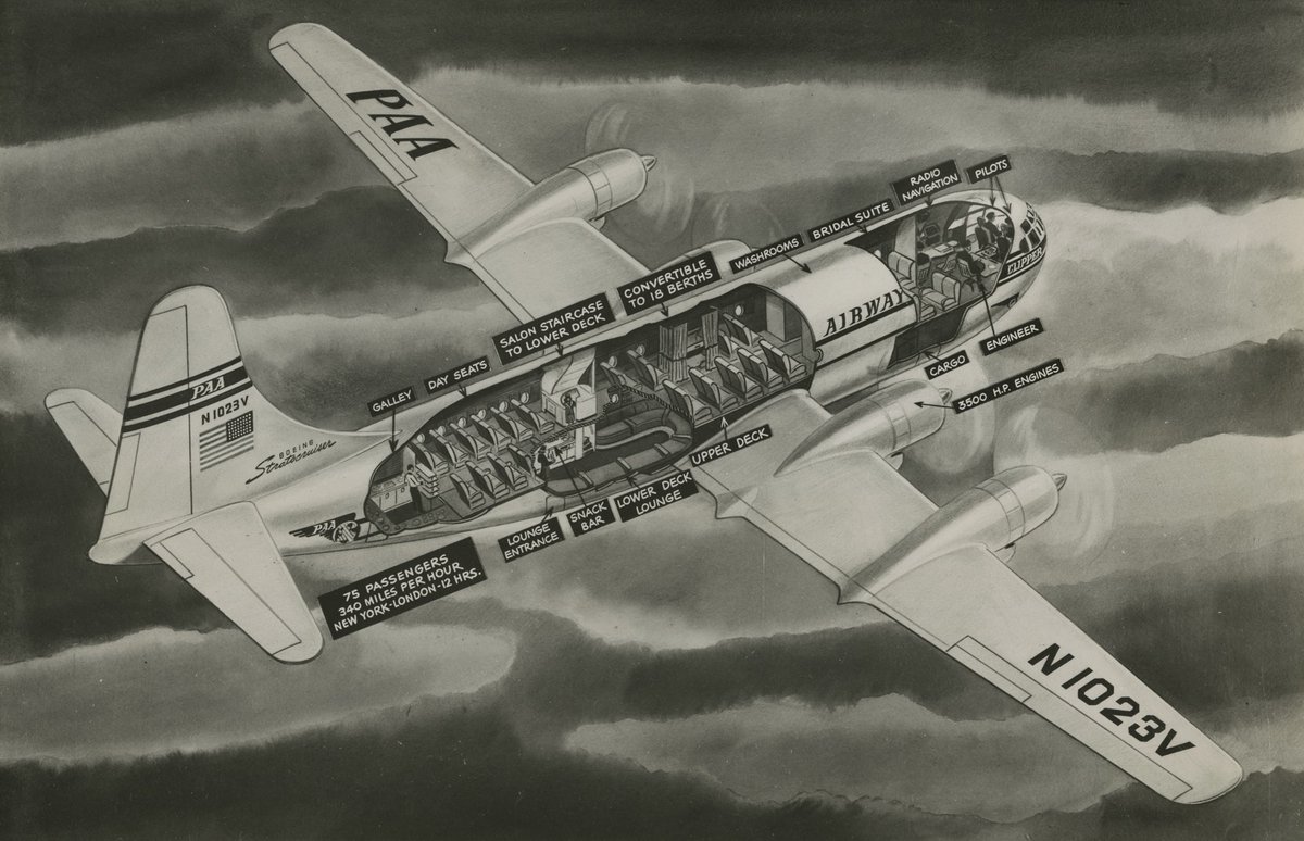 SFOMuseum's tweet photo. #Onthisday in 1949, Pan American World Airways received their first delivery of a Boeing 377 Stratocruiser. #PanAm launched #Stratocruiser transpacific service from San Francisco to Hawai’i in April 1949, and transatlantic service to London in June 1949. #avgeek https://t.co/KdvF2ui2Jq