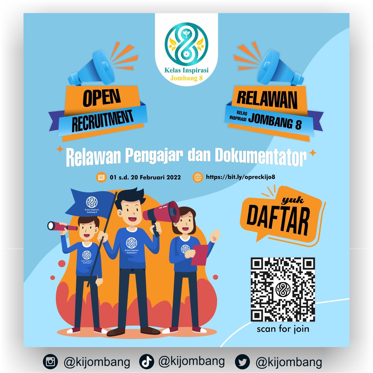 KIJombang's tweet photo. Halo sobat KIJO!
Kelas inspirasi Jombang sedang mengadakan open recruitment relawan nih. 
Yuk daftarkan diri kamu! https://t.co/brvw957FMi