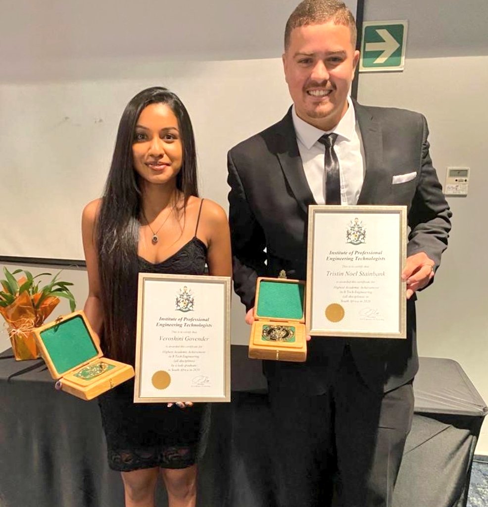DUT_EBE's tweet photo. #BREAKING_NEWS 
 #congratulations to
Ms Veroshini Govender : Department of Chemical Engineering
Mr Tristin Noel Stainbank : Department of Civil Engineering &amp; Geomatics
#FEBE @DUT_Tweets @rathilals https://t.co/WJYNBooUPu