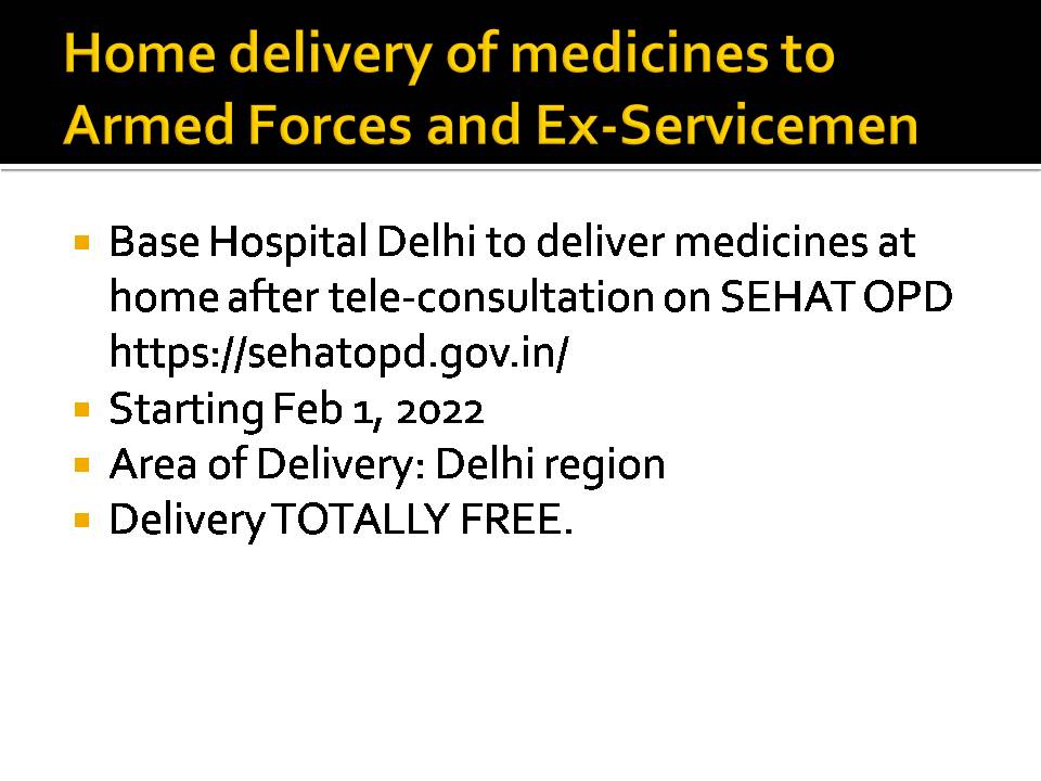 A new chapter in higher health services by AFMS/ECHS!!
Home delivery to Armed forces and ex-servicemen begins TODAY from Delhi Base Hospital! <a href="/PMOIndia/">PMO India</a> <a href="/DefenceMinIndia/">रक्षा मंत्री कार्यालय/ RMO India</a> <a href="/AjaybhattBJP4UK/">Ajay Bhatt</a> <a href="/SpokespersonMoD/">Ministry of Defence, Government of India</a> <a href="/KSBSectt/">Kendriya Sainik Board Secretariat</a> <a href="/PIB_India/">PIB India</a> <a href="/DDNewslive/">DD News</a> <a href="/prodefencejammu/">PRO Defence Jammu</a> <a href="/ProAssam/">PRO Defence Tezpur (Assam/Arunachal Pradesh)</a> <a href="/proshillong/">Spokesperson & PRO Shillong, Ministry of Defence</a>