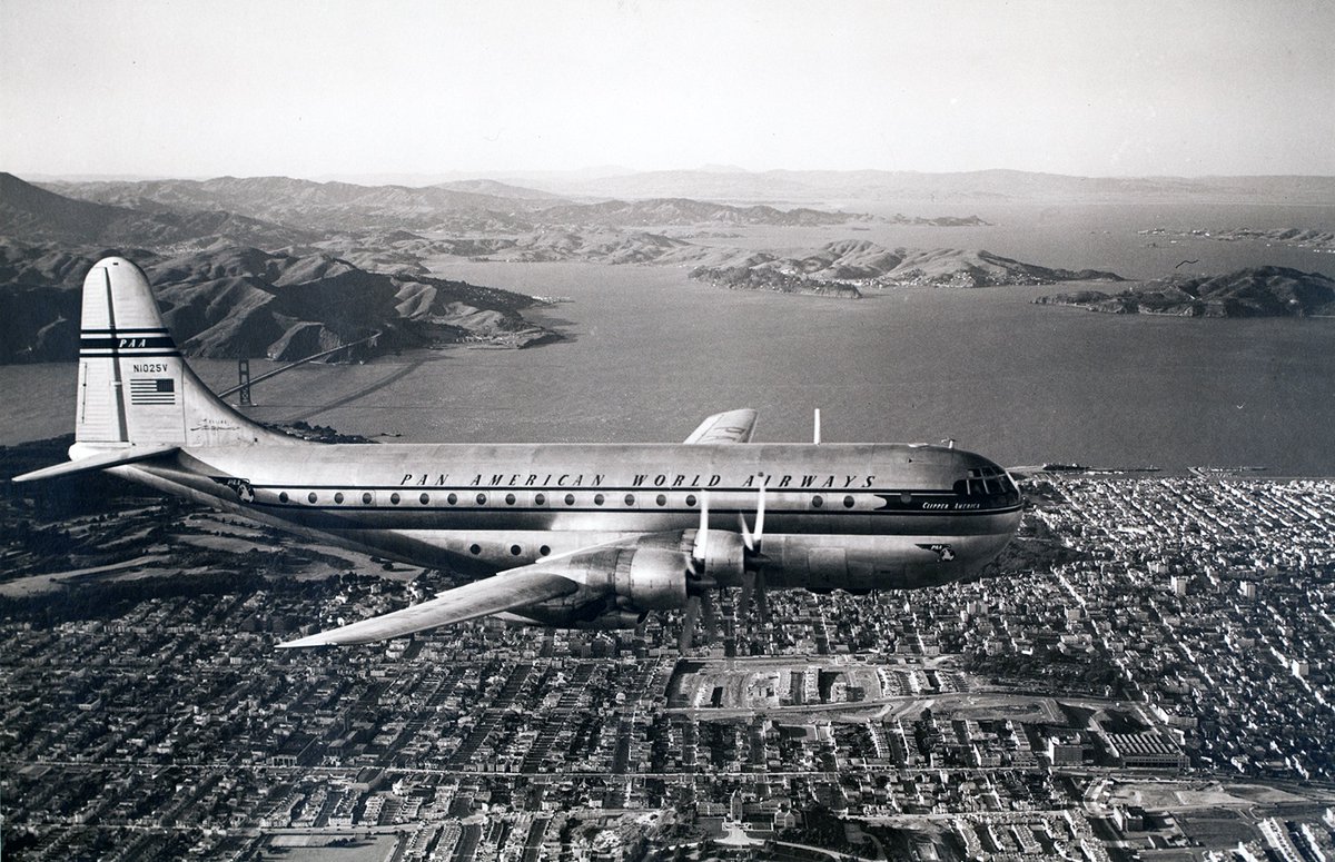 SFOMuseum's tweet photo. #Onthisday in 1949, Pan American World Airways received their first delivery of a Boeing 377 Stratocruiser. #PanAm launched #Stratocruiser transpacific service from San Francisco to Hawai’i in April 1949, and transatlantic service to London in June 1949. #avgeek https://t.co/KdvF2ui2Jq