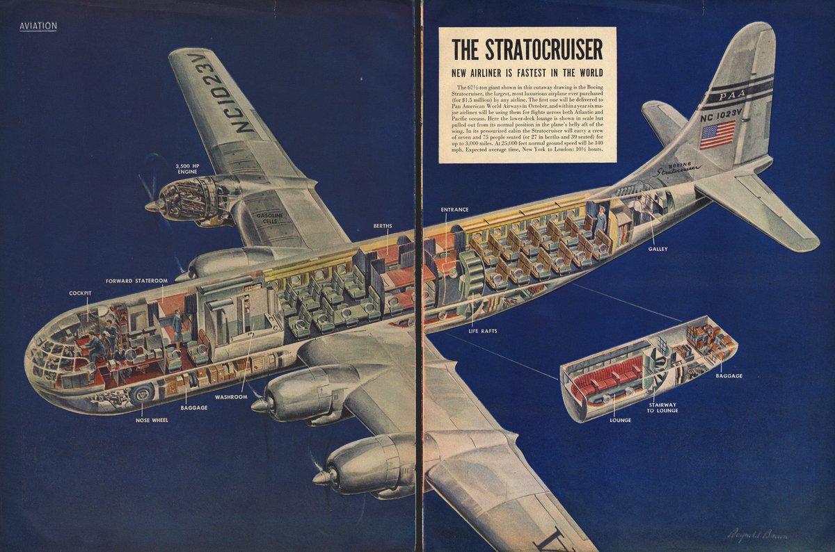 SFOMuseum's tweet photo. #Onthisday in 1949, Pan American World Airways received their first delivery of a Boeing 377 Stratocruiser. #PanAm launched #Stratocruiser transpacific service from San Francisco to Hawai’i in April 1949, and transatlantic service to London in June 1949. #avgeek https://t.co/KdvF2ui2Jq