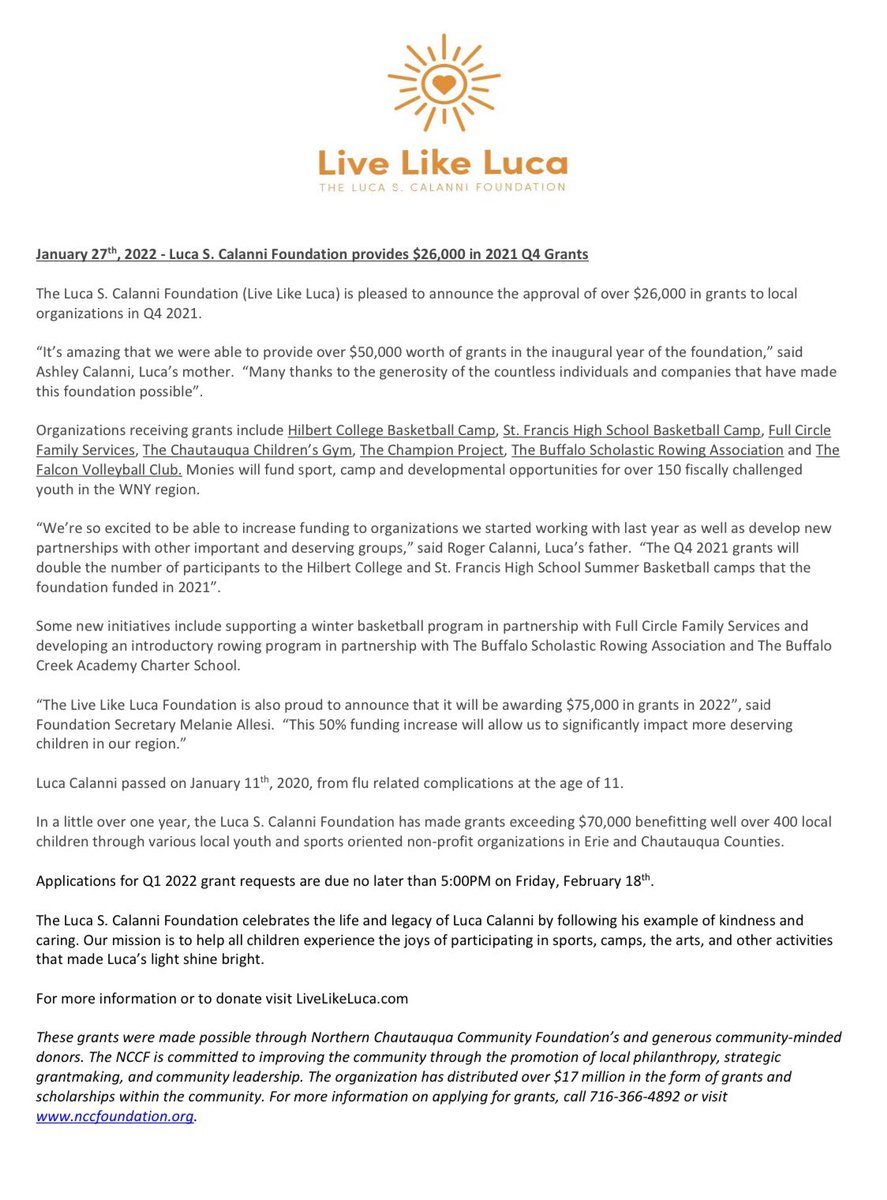 We are proud to share our Q4 grants of 2021. Over $26,000 was given to organizations across WNY this past quarter, totaling over $70,000 in grants distributed in the last two years. Thank you to all of our amazing supporters who have made this all possible! 🧡
#livelikeluca