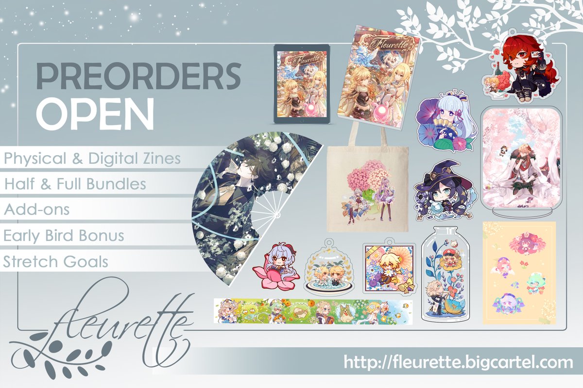 🌺PREORDERS OPEN🌺 Preorders for fleurette, a flower-themed Genshin zine, are now open! 🛍️ See replies for shop link 🗓️ Open from February 1 to March 16 ❤️ Likes and RTs Appreciated #GenshinImpact