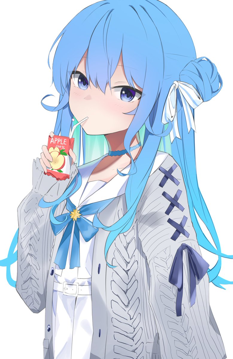 hoshimachi suisei 1girl juice box solo blue hair blue eyes long hair hair bun  illustration images