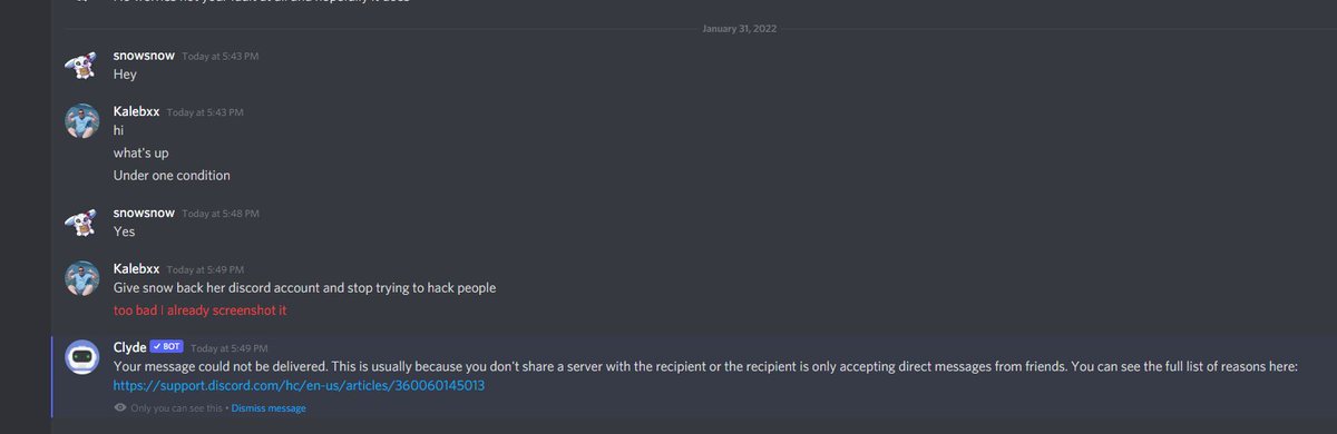 Kalebxx1's tweet photo. Unfortunately they deleted the message right before I could screenshot it but it said "Hey I learned how to code a game from YouTube, will you try it for me?"   Anyone that sees this tweet if they could bump it for visibility to bring it to @discord attention would be great https://t.co/TGP2VBhnbS