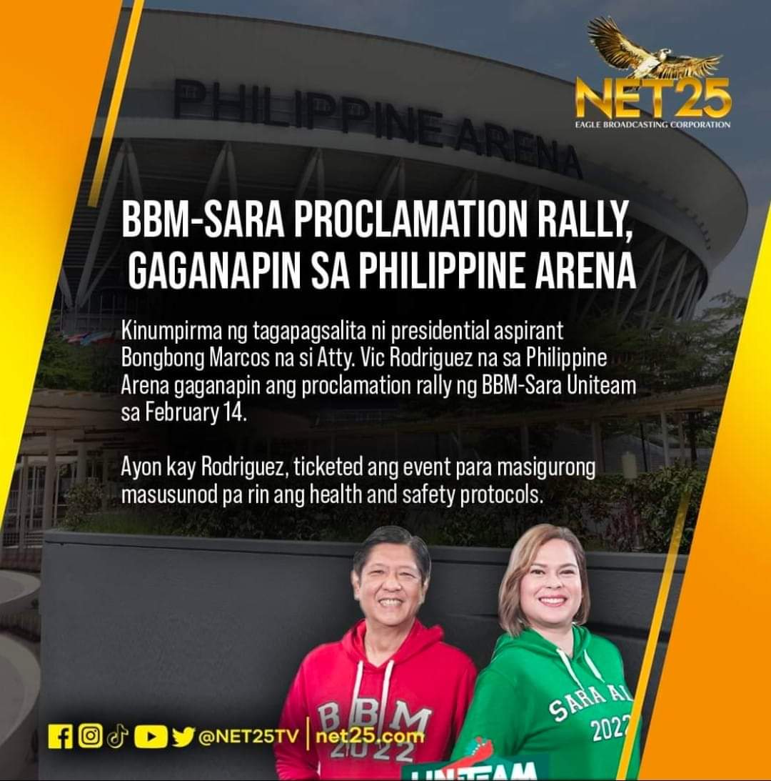 pinoyanghang's tweet photo. Mark your calendar. It's a date!

According to Net25 (TV network owned and operated by Eagle Broadcasting Corporation), the BBM-SARA UniTeam Proclamation Rally at the PHILIPPINE ARENA is confirmed and scheduled on February 14, 2022. https://t.co/A1Vxe9MxrS