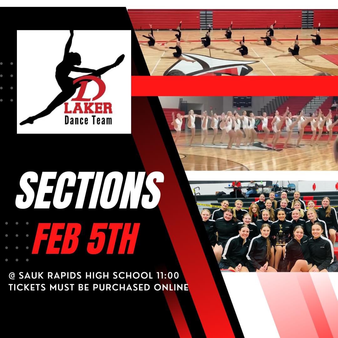 Sections are Saturday Feb 5th @Sauk Rapids High School. All tickets must be purchased online prior to the event at this link: isd47.hometownticketing.com/embed/all
Come cheer on LDT! We hope to see you there!