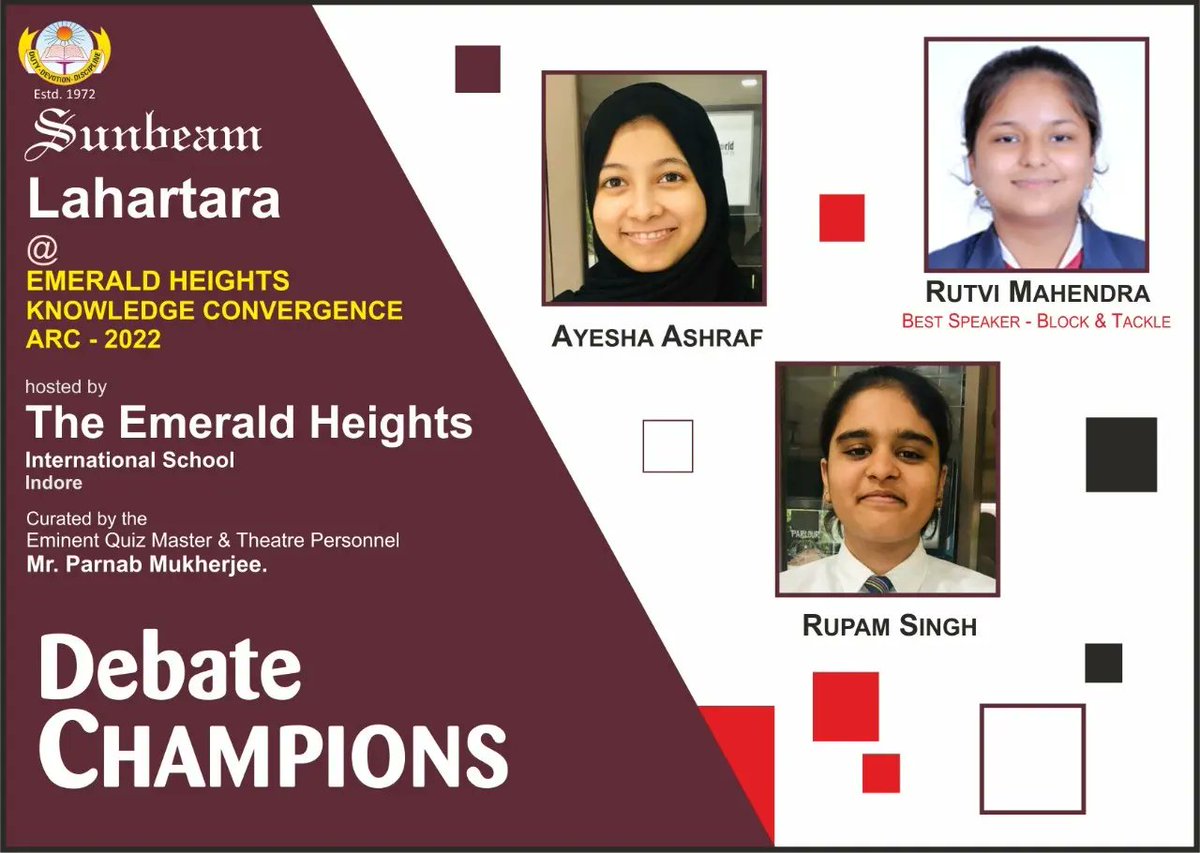 SLahartara's tweet photo. Proud to share that at Knowledge Convergence Arc hosted by Emerald Heights International School, Indore  and curated by Mr.Parnab Mukherjee.
#SunbeamLahartara became the Overall 1st Runner Up after being the Debate Champions!

#Achievement2022 #DebateChampion #debatecompetition https://t.co/d530k35cDq
