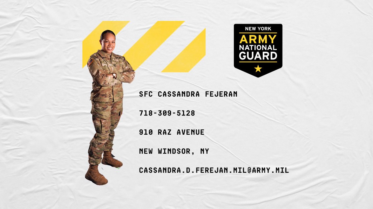 NationalGuardNY's tweet image. Interested in all the #NYARNG can offer you?  If you live in the #NewWindsor area and need to speak to a #Soldier, reach out to SFC Fejeran.  She can help you improve your #career when you #GoGuard.

#GuardStrong
bit.ly/NYARNGCareer