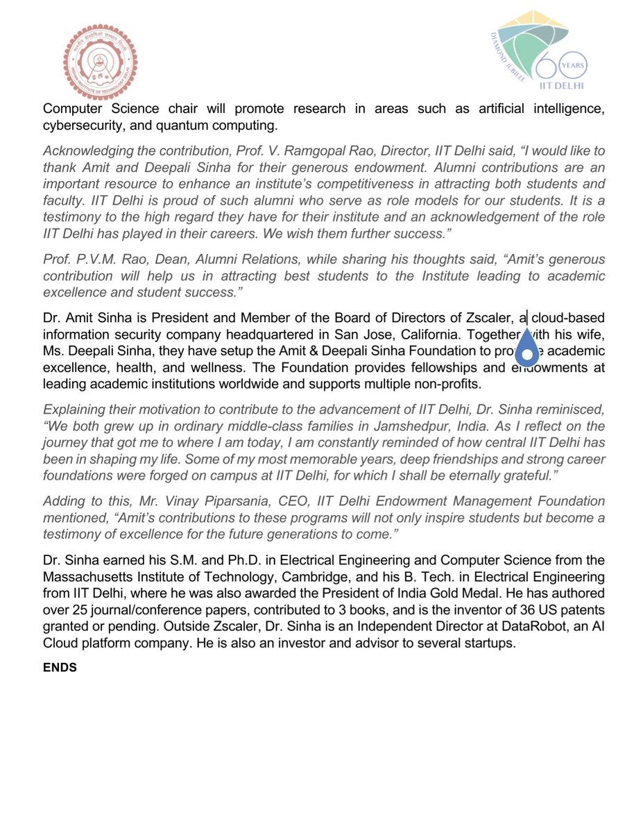 ramgopal_rao's tweet photo. IIT Delhi #Alumnus Amit Sinha Gifts Rs. 10 Crore (USD 1.34 Million) to the #Endowment fund of the Institute. Thank you Amit &amp; Deepali Sinha for your generous contribution.

@iitdelhi @Zscaler @iitdaa @EduMinOfIndia @PMOIndia
@dpradhanbjp #IIT #iitdelhi https://t.co/EVYETjQNqe