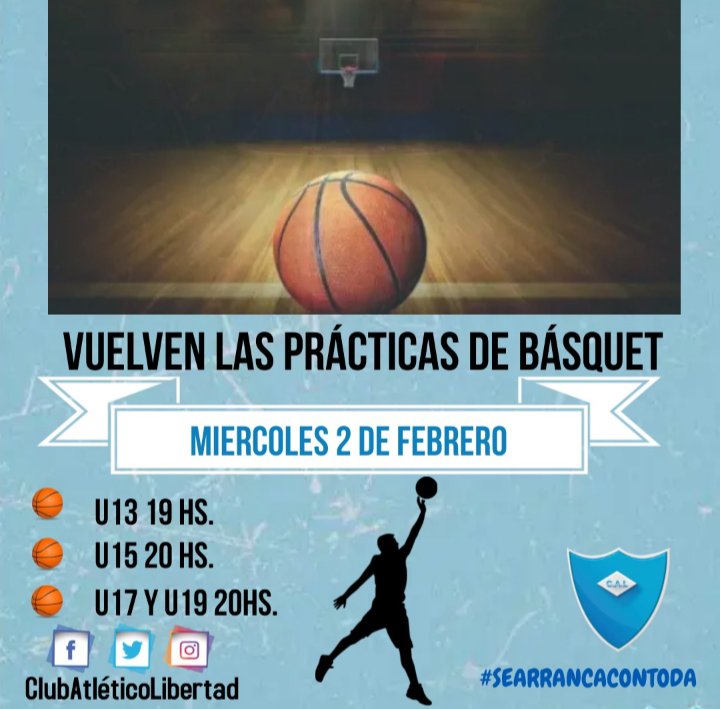 📢📢📢ATENCIÓN 📢📢📢
MIÉRCOLES 2 DE FEBRERO vuelven las prácticas de basquet en el Liber🏀🏀💙
👉🏽U13 19 Hs.
👉🏽U15 20 Hs.
👉🏽U17 y 19 20 Hs.
Entrenadores:
Santiago Campaña - Cale Simez.
#VamosLibertad 
#101años 
#basquet