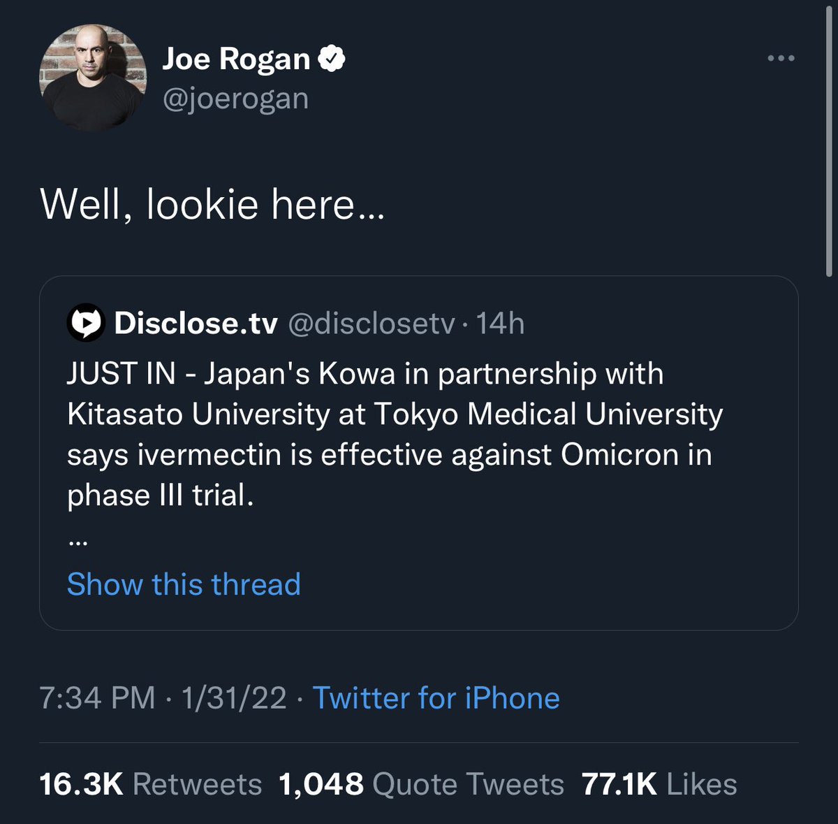 ddale8's tweet photo. Rogan’s tweet came hours - like more than 10 hours - after Reuters corrected its story to make clear this company did *not* say ivermectin had been found effective against omicron in a clinical trial. Good thread here (https://t.co/LCjqR74q1m) on what the company did say. https://t.co/NBACtsvryp