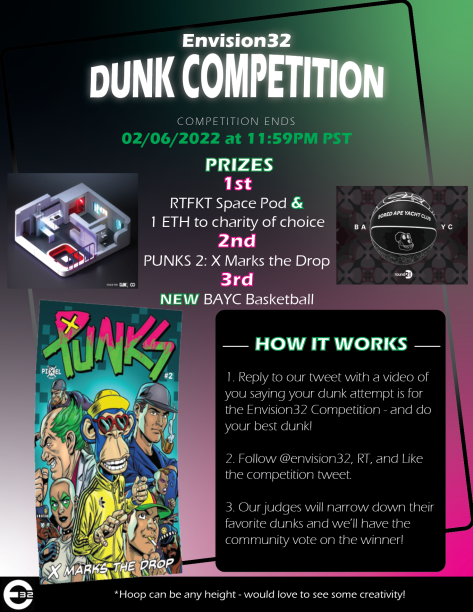 envision32's tweet photo. It has been a fun start for us in 2022 and we wanted to pay it forward and give back with a competition. 

All hoops welcome (even nerf ones)

Post your dunk, Follow @envision32, Like, &amp; RT this post

Unable to dunk? One random follower who likes &amp; RTs will win .132eth https://t.co/Wxry9AzqYZ