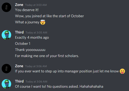 Zone_w3's tweet photo. 4 months with @Thiiiiiiird and now he has become the first graduate of ZAG, getting his last Axie for his team last night!

As my first scholar he has been there from the very beginning, so this is a special moment for the guild!

Congrats Third!

#AxieInfinity #AxieScholarship https://t.co/pz0sK1Me38