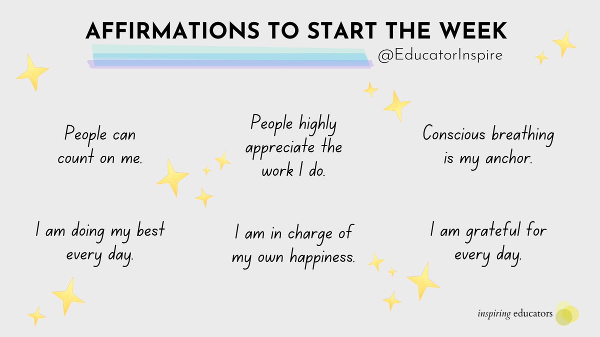EducatorInspire's tweet image. Educators &amp;amp; Admin: Affirmations can help us stay grounded, calm and confident when the world around us is pure chaos. Some uplifting affirmations to kick off a new week ⬇️✨