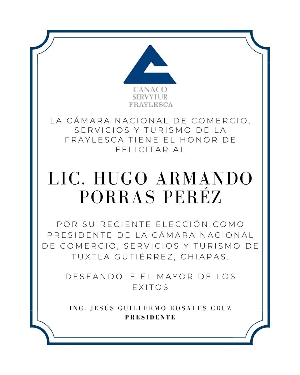 memorosalescruz's tweet photo. Muchas felicidades al Lic. Hugo Porras como nuevo dirigente de @CANACOTUX le deseamos el mayor de los éxitos. https://t.co/FmL00JgUUN