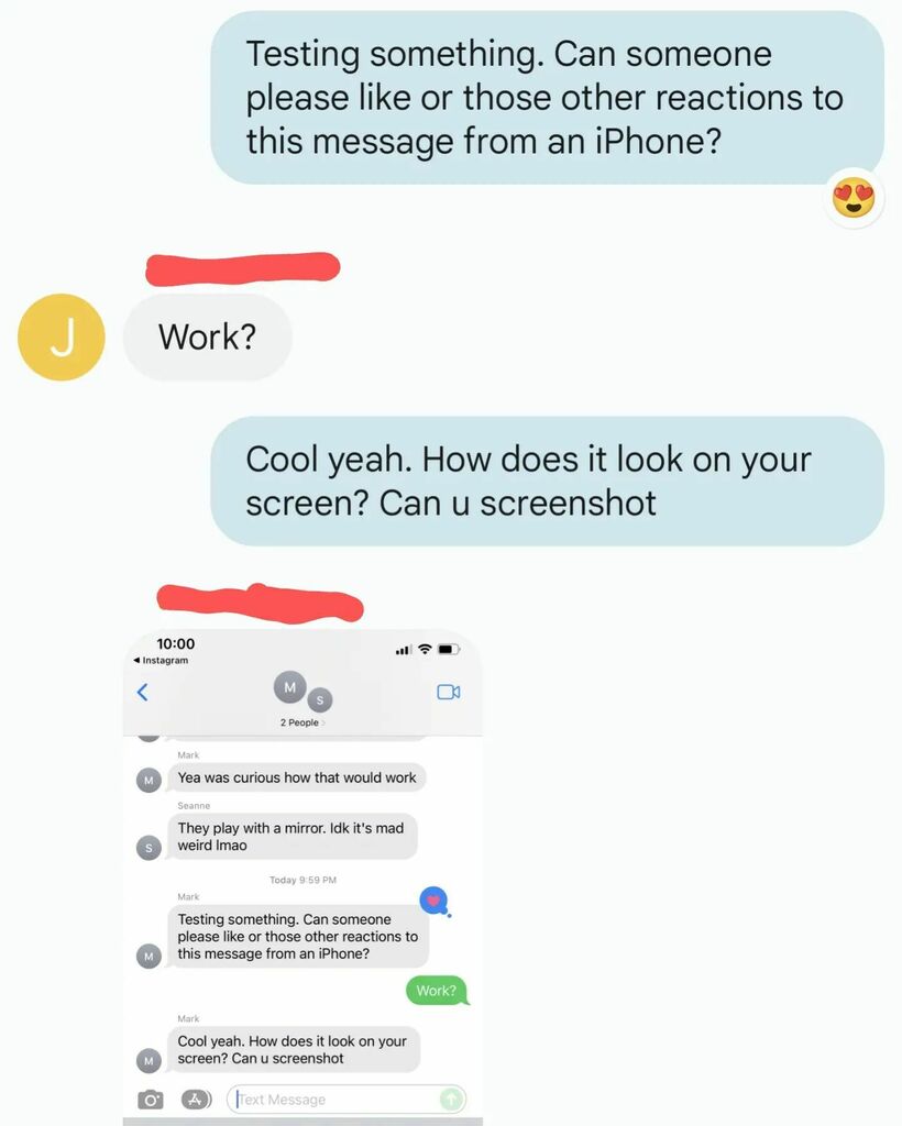 markguim's tweet photo. iPhone 😍 @android. Reactions showing properly in messages app https://t.co/oJKQTeOwAq https://t.co/nMa8k7E5W7