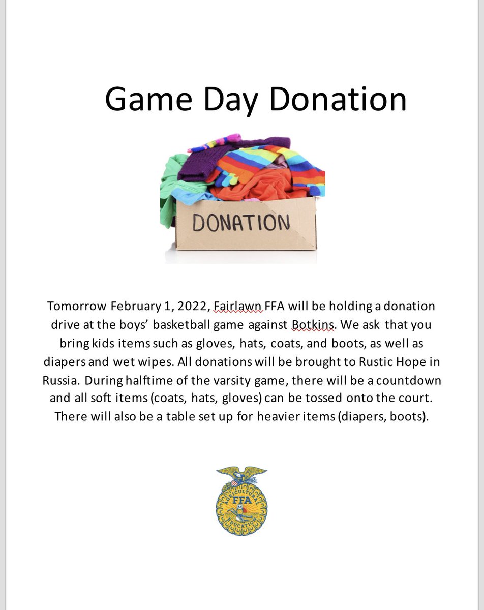 FairlawnFFA's tweet photo. The FFA is holding a donation drive tomorrow at the home game against Botkins! Please bring diapers, wet wipes, gently used/new coats, boots and gloves. The JV will tip off at 6:00 with varsity following. https://t.co/0lAAaLJlyI