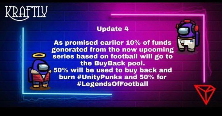 Why to mint and #HODL @unity_punks ??🤔 10% of funds generated from sales of #LegendsofFootball will go to the buyback pool 👍 Out of that 10%! 50% will used to buy back #unitypunks and other 50% #LegendsofFootball More updates 👉 t.me/unitypunks #TRON #TRX #NFTs 🤩!