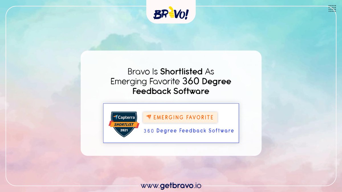 getbravo_'s tweet photo. Capterra has recently released their 2021 Shortlist, and BRAVO is proud to have been named as the "Emerging Favorite 360 Degree Feedback Software"
What Is Bravo: https://t.co/bQxIw1Ykgs
#Bravo #Capterra #EmergingFavorite #360DegreeFeedbackSoftware https://t.co/fj8Bm1nlul