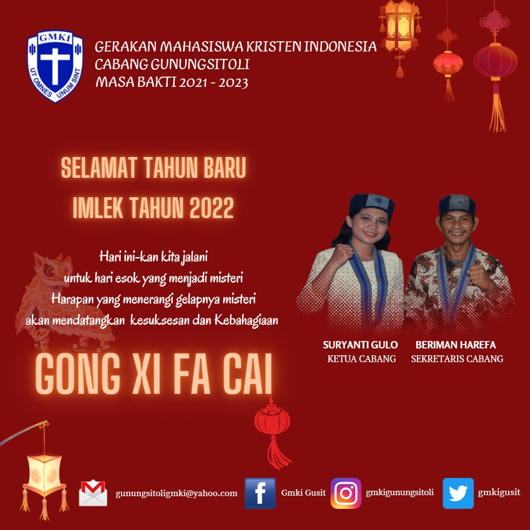 gmkigusit's tweet photo. GERAKAN MAHASISWA KRISTEN INDONESIA
CABANG GUNUNGSITOLI
MASA BAKTI 2021-2023

SELAMAT TAHUN BARU IMLEK 2022
GONG XI FA CAI

SURYANTI GULO
Ketua Cabang
BERIMAN HAREFA
Sekretaris Cabang

Publikasi
=====================================
Sekretaris Fungsi Organisasi dan Komunikasi https://t.co/rhpZMRGzQc