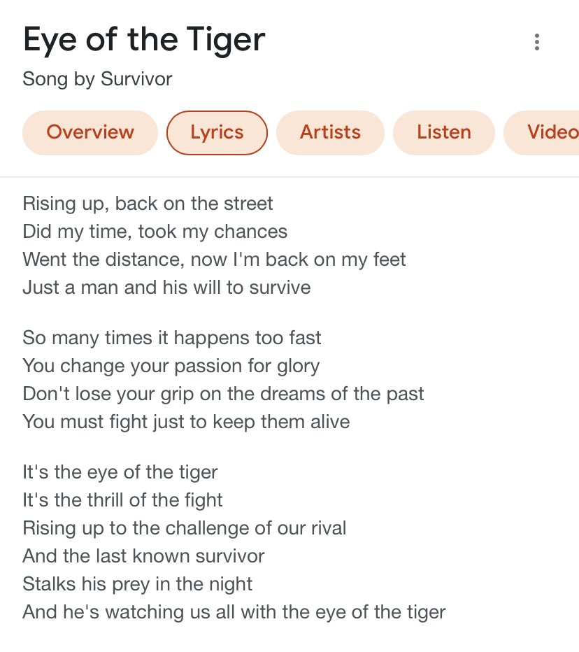 Eye of the Tiger - Survivor (lyrics), Rising up, back on th…