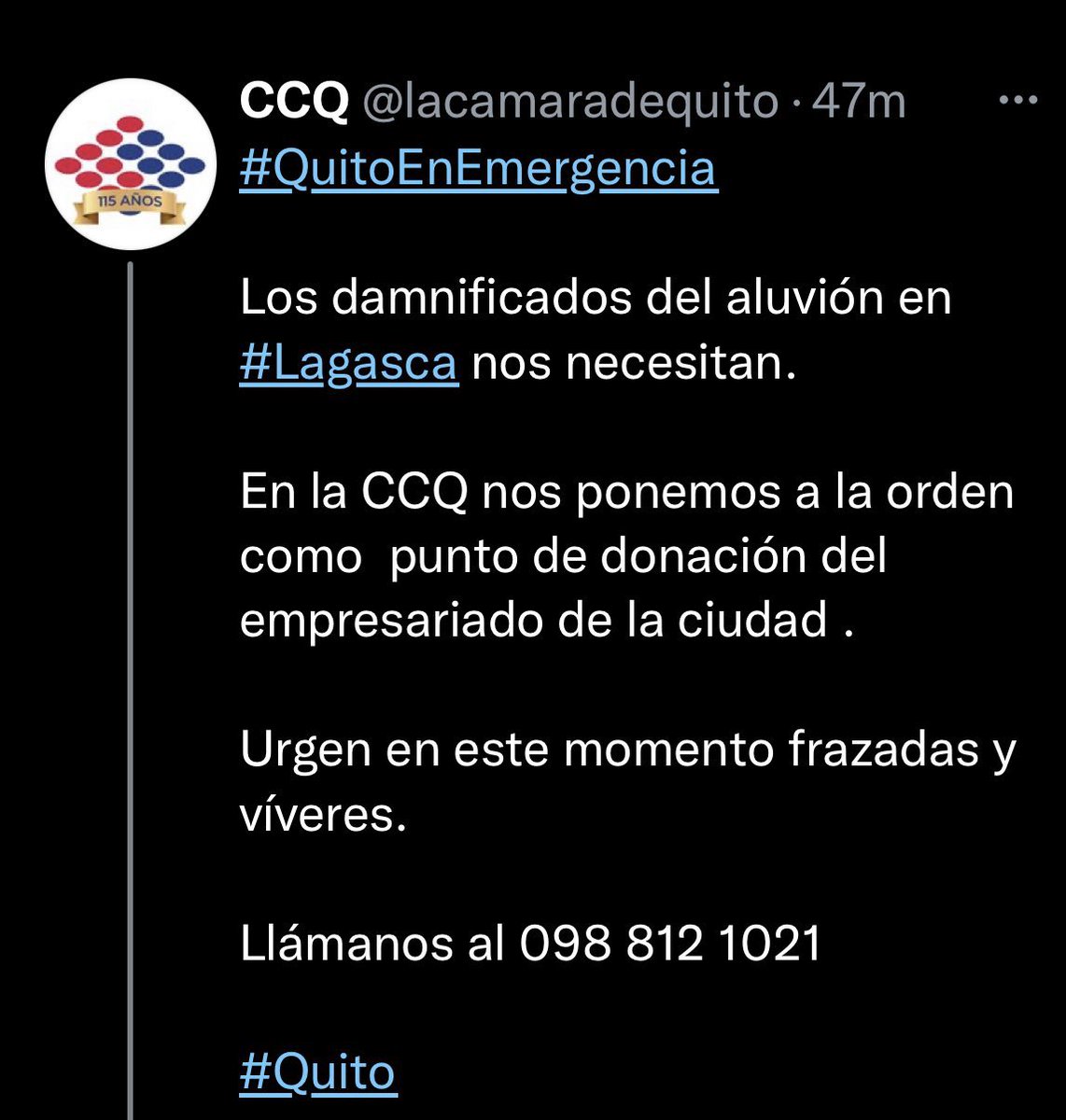 EstebanOrtizMD's tweet photo. Por ahora y hasta que las autoridades se organicen, @lacamaradequito ha ofrecido ser punto de acopio 
Hay mención de que el supermaxi de la #Gasca puede ser otro punto de ayuda https://t.co/gIOnFHYKXo