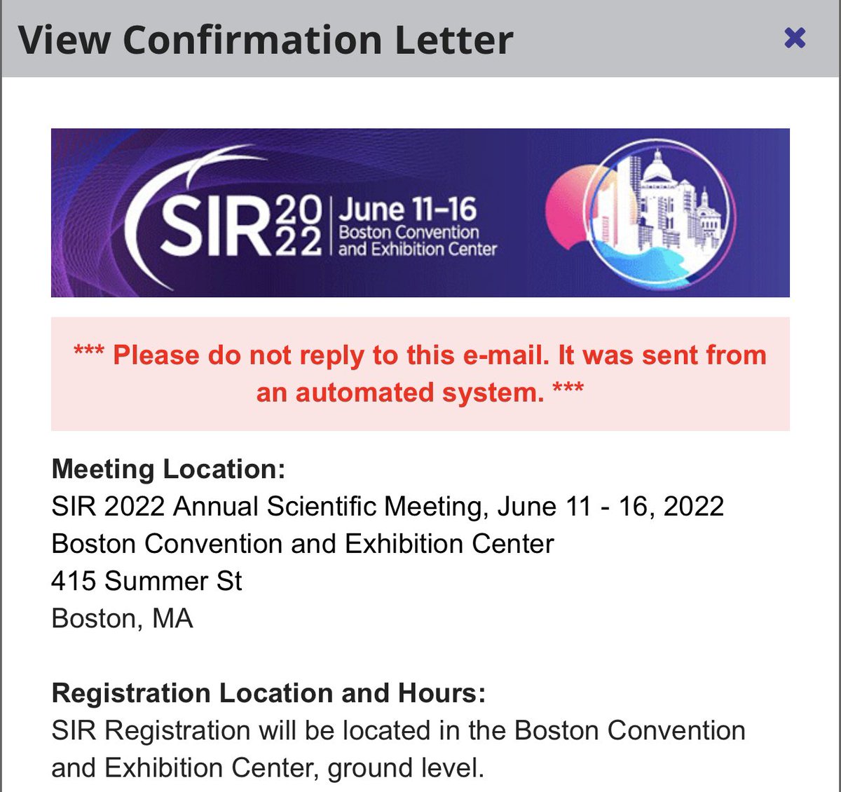 #SIR22BOS Registration ✅ Can’t wait for June. Hoping to meet many friends in Boston. @SIRspecialists @SIRRFS @SIR_ECS