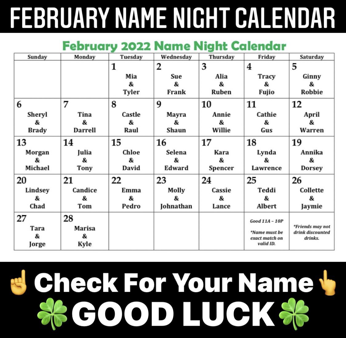 TheGoosesAcre1's tweet photo. Feeling LUCKY? 🍀
#Drinks & #Drafts
@TheGoosesAcre1
$.25 #WellDrinks🥃
10oz #Domestics🍺
If your name appears on
our #NameNight calendar
Name must be an exact match
w/your 21+ valid ID/Passport
Only named party is eligible
Good only on the date name is listed from 11AM-10PM https://t.co/8RJKNdX2vS