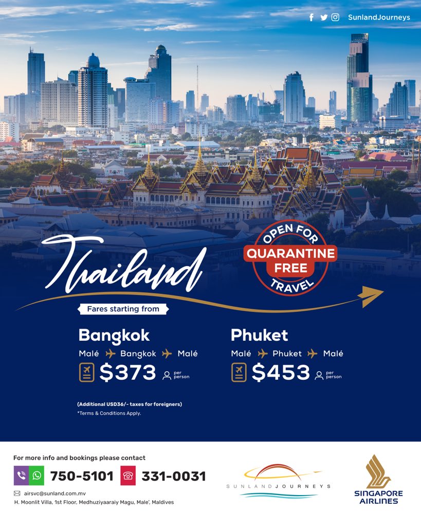 sunlandsq's tweet photo. #Bangkok is open for quarantine free travel.  Enjoy these fabulous fares on #SingaporeAirlines. For more info and bookings, please contact #SunlandJourneys https://t.co/buTS1D5hHC