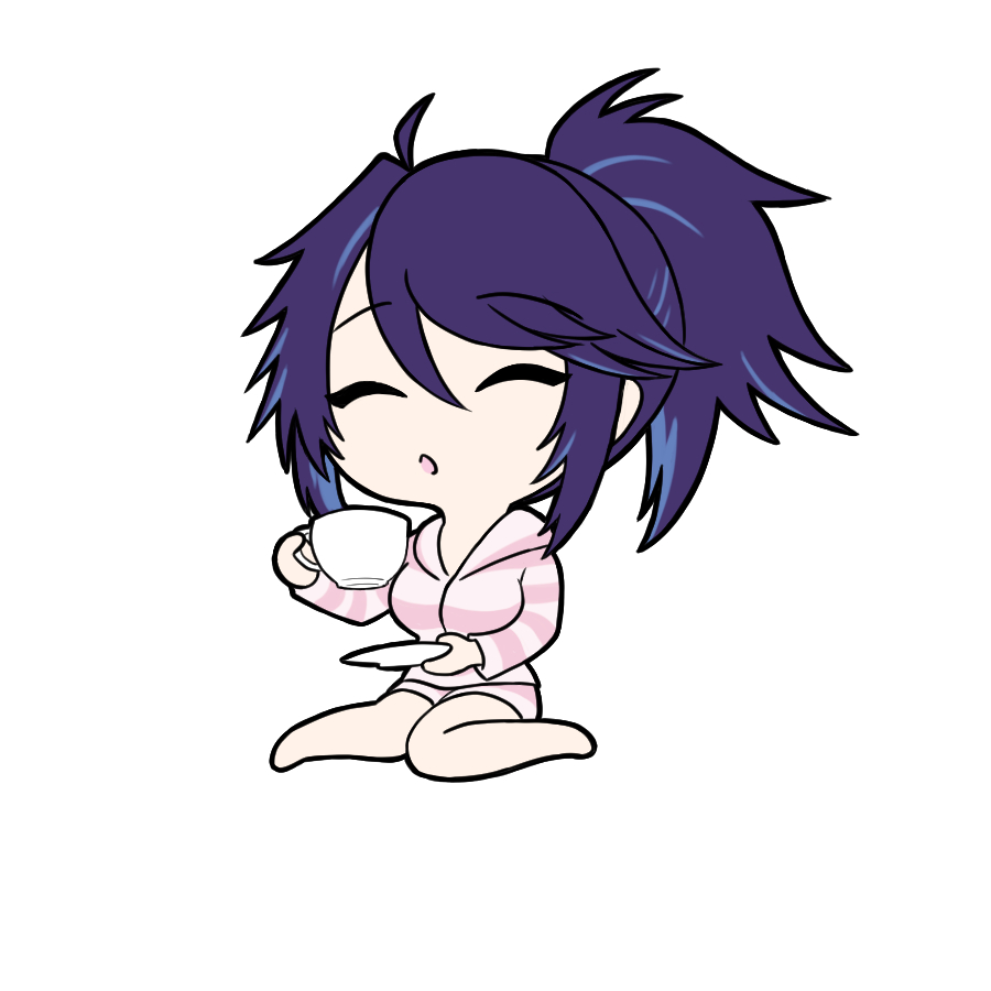 1girl cup chibi blue hair closed eyes solo holding cup  illustration images