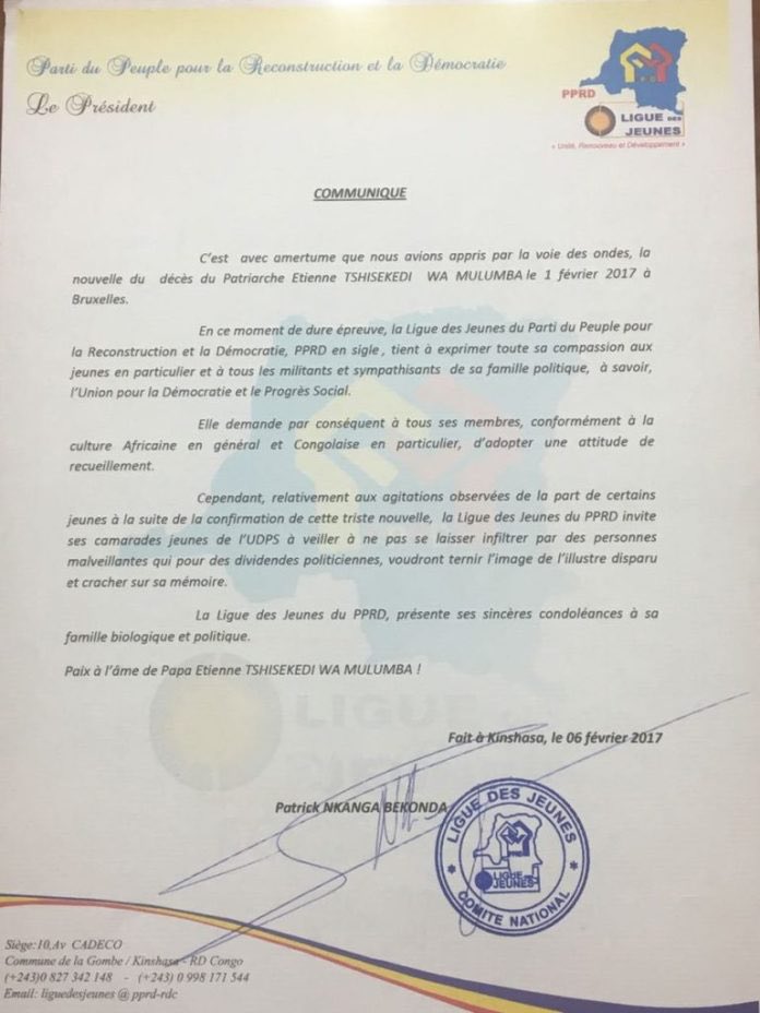 PatrickNkanga2's tweet photo. « En date du 06 Février 2017, nous adressions un message de condoléances à nos Camarades de l’UDPS, à la suite du décès du Patriarche Étienne TSHISEKEDI. En la date de ce jour, qui nous rappelle ce triste événement, nous leur réitérons notre sollicitude. »

PNB https://t.co/ENqs4F2trp
