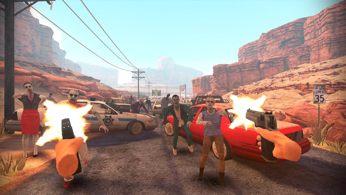 RetroVirtual's tweet photo. Game of the Week - Arizona Sunshine

In arcade mode, you're back-to-back with up to three mates, and although the zombies come in waves you can't let your guard down for a moment. Once the first of you falls, things turn to custard really quickly - so don't be the first one down! https://t.co/vbYfjSohtO