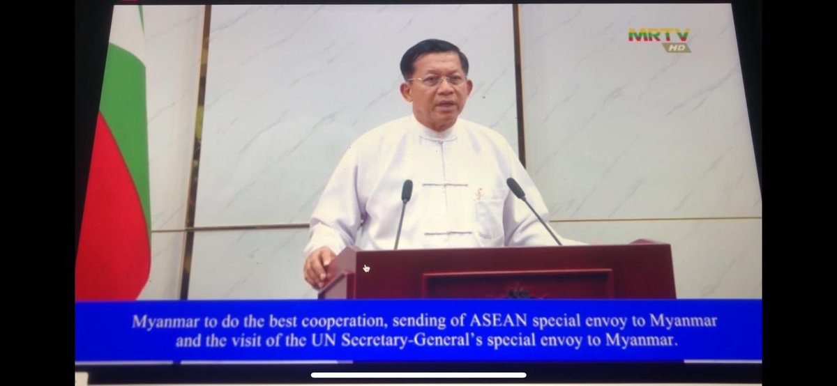 LeongWaiKitCNA's tweet photo. Revisiting snippets of #Myanmar army chief Min Aung Hlaing’s nationwide speech this morning 

The English subtitles here suggest Myanmar is working on arranging trips for @ASEAN, @UN special envoys 

But the actual Burmese speech made no such promise https://t.co/G7LMAr82pU
