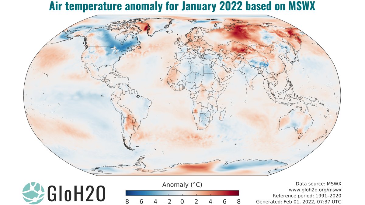 The global average air temperature for January 2022 was 0.27 °C above the 1991–2020 average