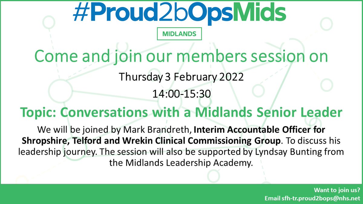 Looking forward to our Mids Members session on Thursday.  We will be joined by colleagues from <a href="/nhsleadership/">NHS Leadership Academy 💙</a> and <a href="/mbrandreth/">Mel Brandreth</a>, Interim Accountable Officer for Shropshire, Telford and Wrekin CCG, to discuss his career journey and the highs and lows along the way.
