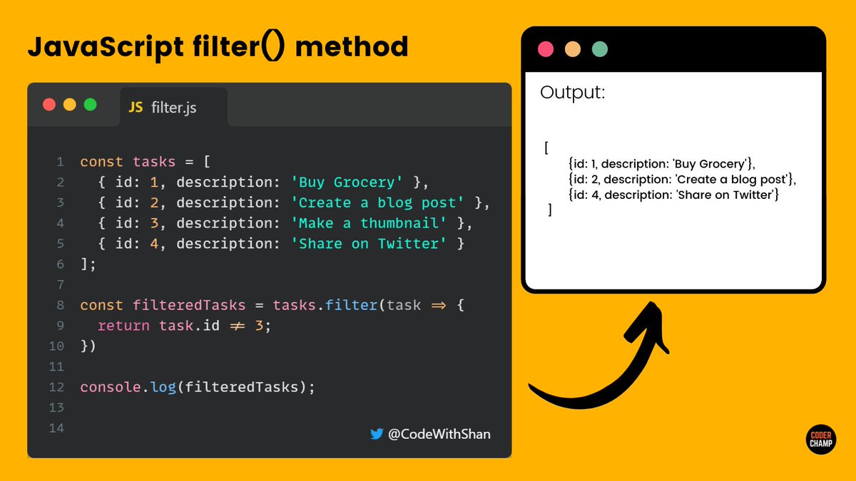 codewithshan's tweet photo. filter() array method in JavaScript is Love for many 😅

🔥 Just like you get filtered water from the filtration plant

👉Same, you get the new purified array by ignoring the desired elements.

❓ Your recent use-case of array.filter()? https://t.co/Pl7PjPbh0D