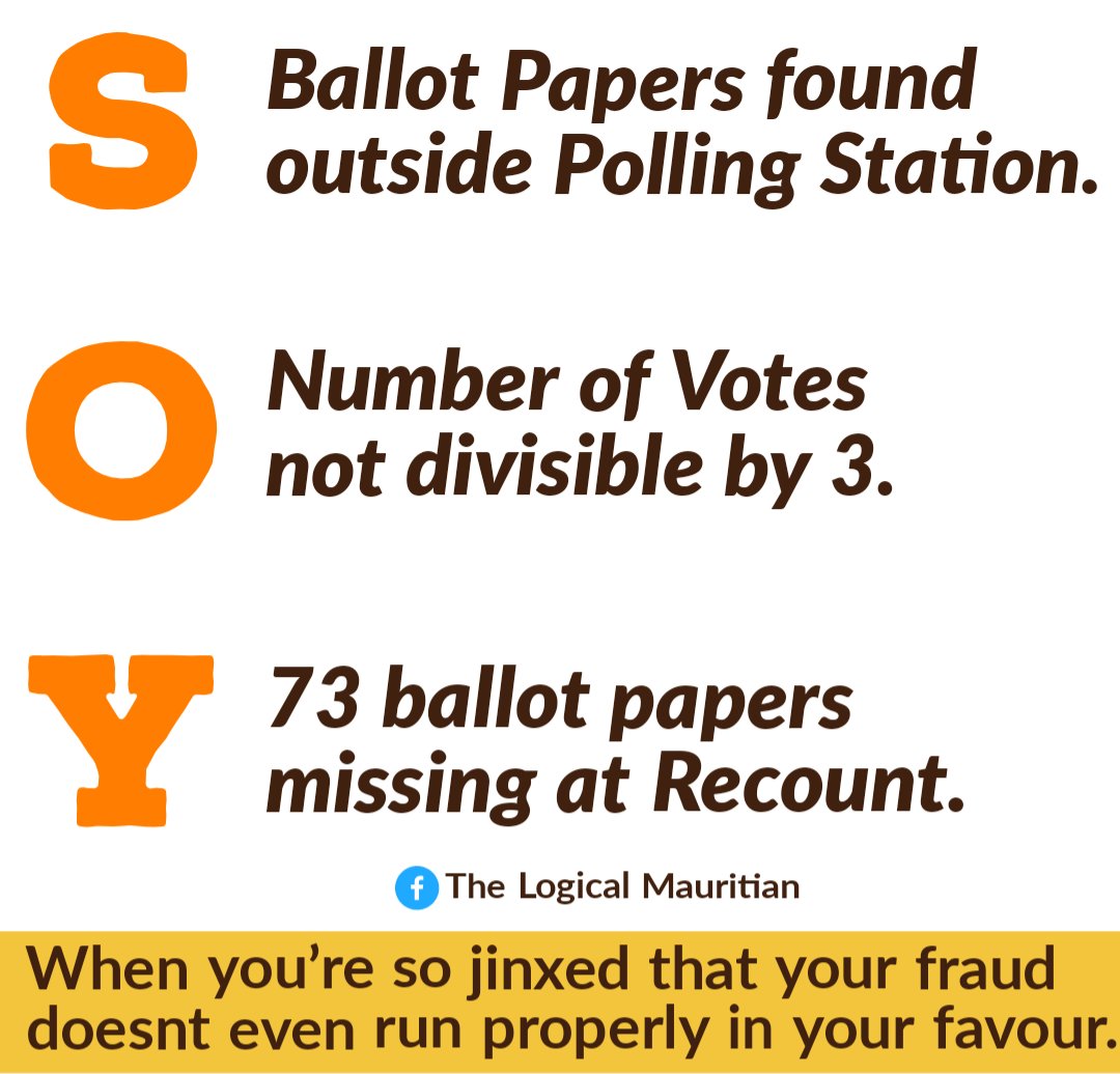 Ballot papers found in nature!
Total number of votes not divisible by 3!
Total number of votes not matching number of Voters!
And now, 73 ballot papers missing for the recount at Constituency 19 today!

SOY lor SOY!

#TheLogicalMauritian #Elections #GeneralElections2019 #Recount