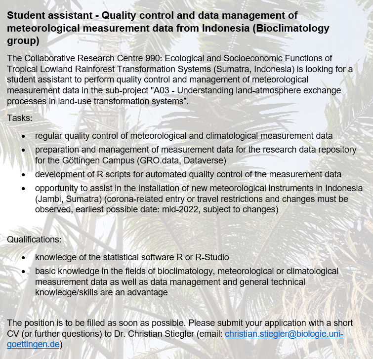 BioclimGoe's tweet photo. 📢Jobangebot! Job offer! 📢

We are looking for a student assistant (~30 h/month) to perform quality control and management of meteorological data.

@uniGoettingen @thegoecampus @fsr_forst @efforts_crc990 #HiWi #BioclimatologyGroup

More Infos 👇 https://t.co/VFxgk7zhoR