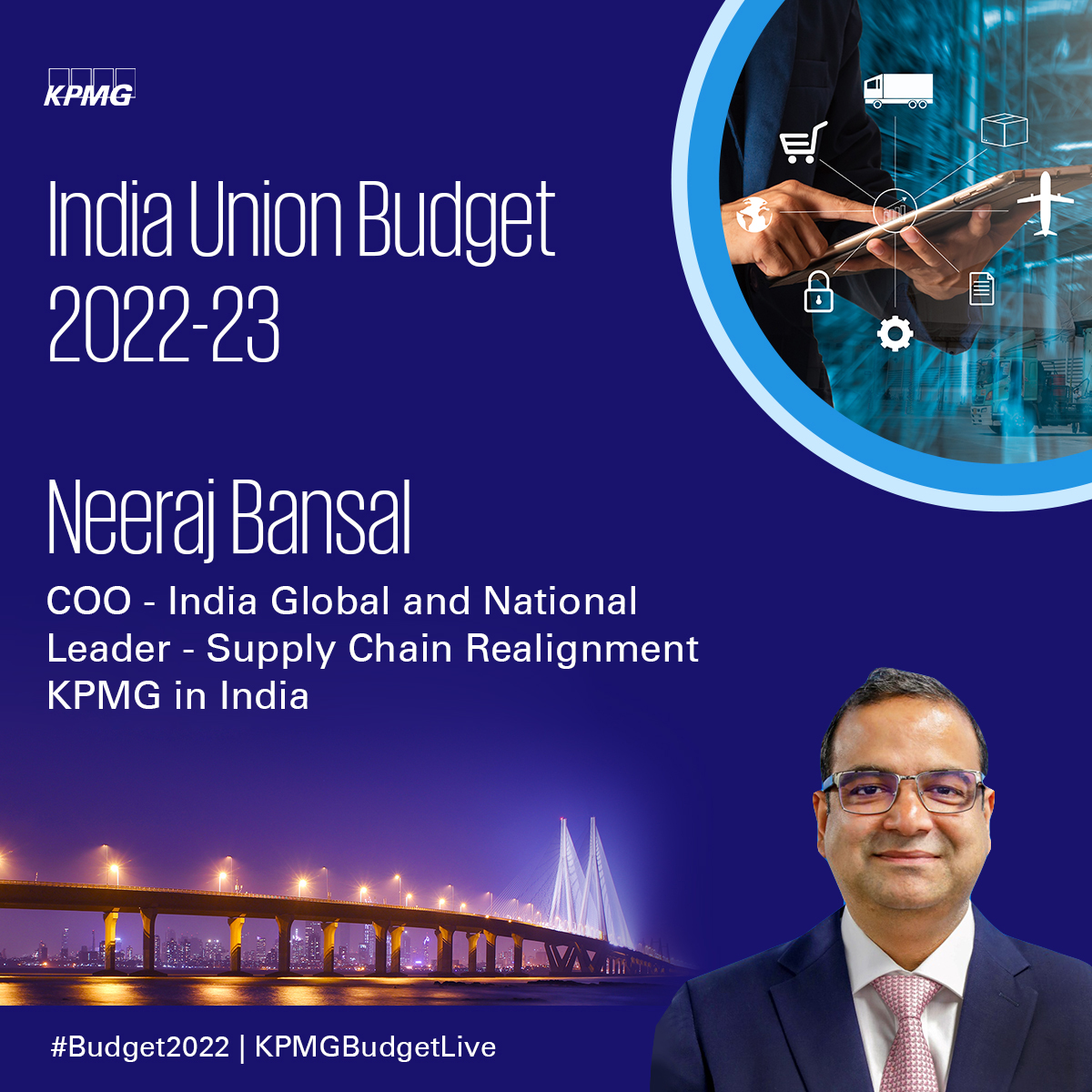 [1/3] <a href="/NeerajB_KPMG/">Neeraj Bansal</a>, <a href="/KPMGIndia/">KPMG India</a>: #Budget2022's emphasis on logistics, multimodal connectivity, continued focus on expansion of #roadways with a funding of INR20,000 cr, cargo terminals, equipment manufacturing, #EVs &amp; duty concessions, such as for #electronicmanufacturing...