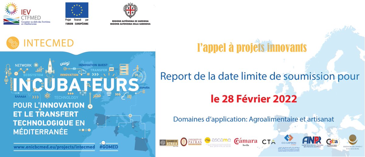 L'Agence Nationale de la Promotion de la Recherche Scientifique - ANPR et la Chambre de Commerce et d'Industrie du Cap Bon ont le plaisir de vous informer du report de la date limite de soumission des projets innovants dans le cadre du projet INTECMED au 28 Février 2022.