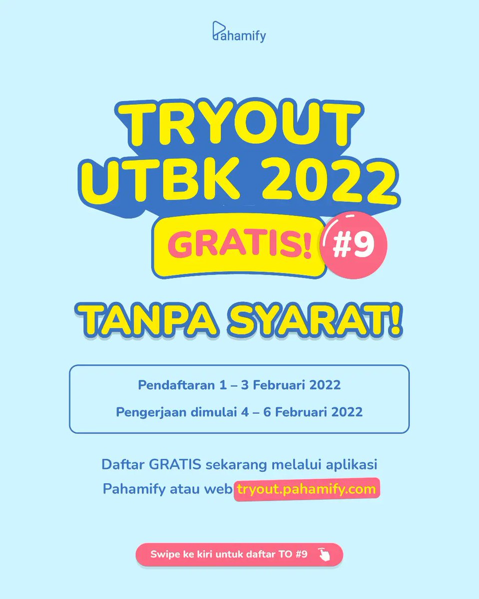 pahamify's tweet image. ✨PENDAFTARAN TRYOUT UTBK #9 GRATIS DIBUKA!✨

Kabar gembira buat Pahamifren yang kemarin ketinggalan ikutan TO #8👀

Sekarang kamu bisa ikutan TryOut UTBK #9 GRATIS buat uji kemampuanmu sebelum UTBK 2022 dimulai🤩