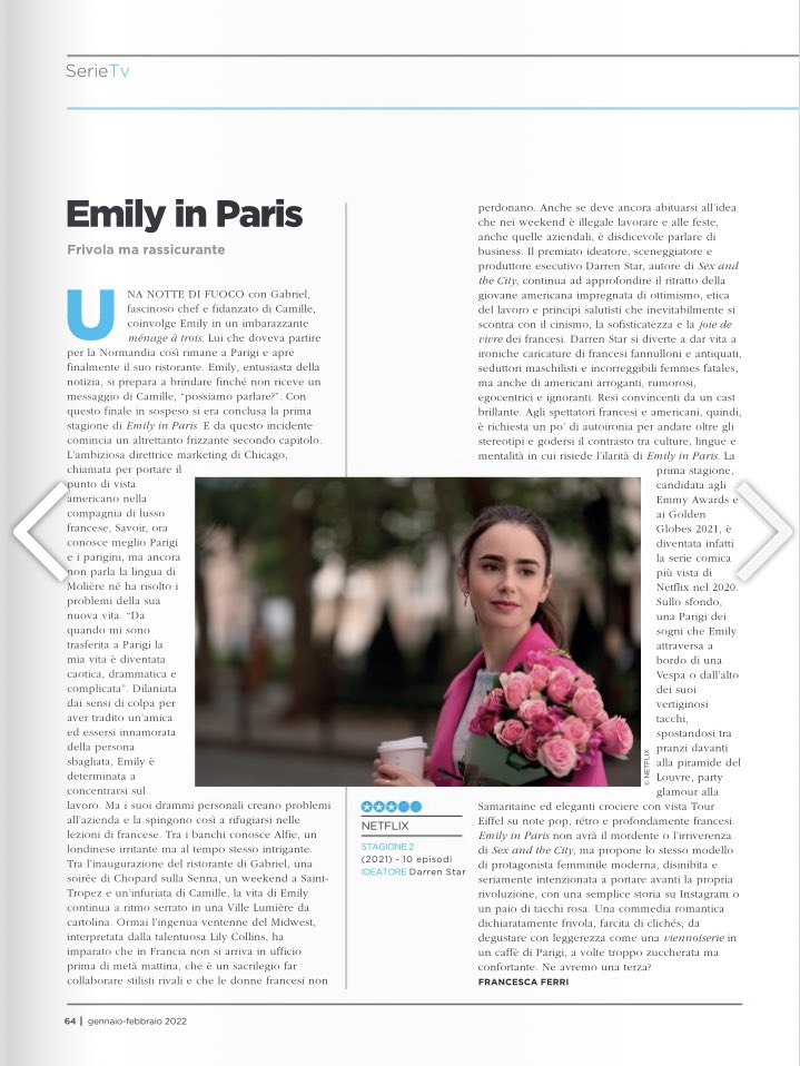 #EmilyinParis2. Una commedia romantica dichiaratamente frivola, farcita di clichés, da degustare con leggerezza come una viennoiserie in un caffè di #Parigi, a volte troppo zuccherata ma confortante. La recensione sulla Rivista del Cinematografo, numero di gennaio-febbraio.