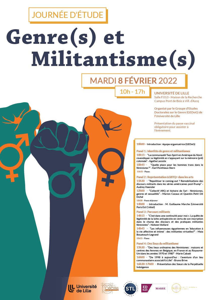 J’organise ma première JE mardi prochain à la Maison de la Recherche de l’Université de Lille. On y parlera de ce que le genre et l’orientation sexuelle font aux pratiques militantes (et réciproquement). Il y a plein d’intervenant-es fabuleu-x-ses. 

Venez nombreu-x-ses! ✨😍✨