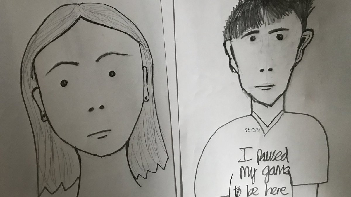 cpea88's tweet photo. Covid creativity- online lesson with my son for Art. Quite liking our portraits in the style of Julian Opie, and provided a great focus whilst isolating #LearnWithOak https://t.co/QDGJg6Dyz2
